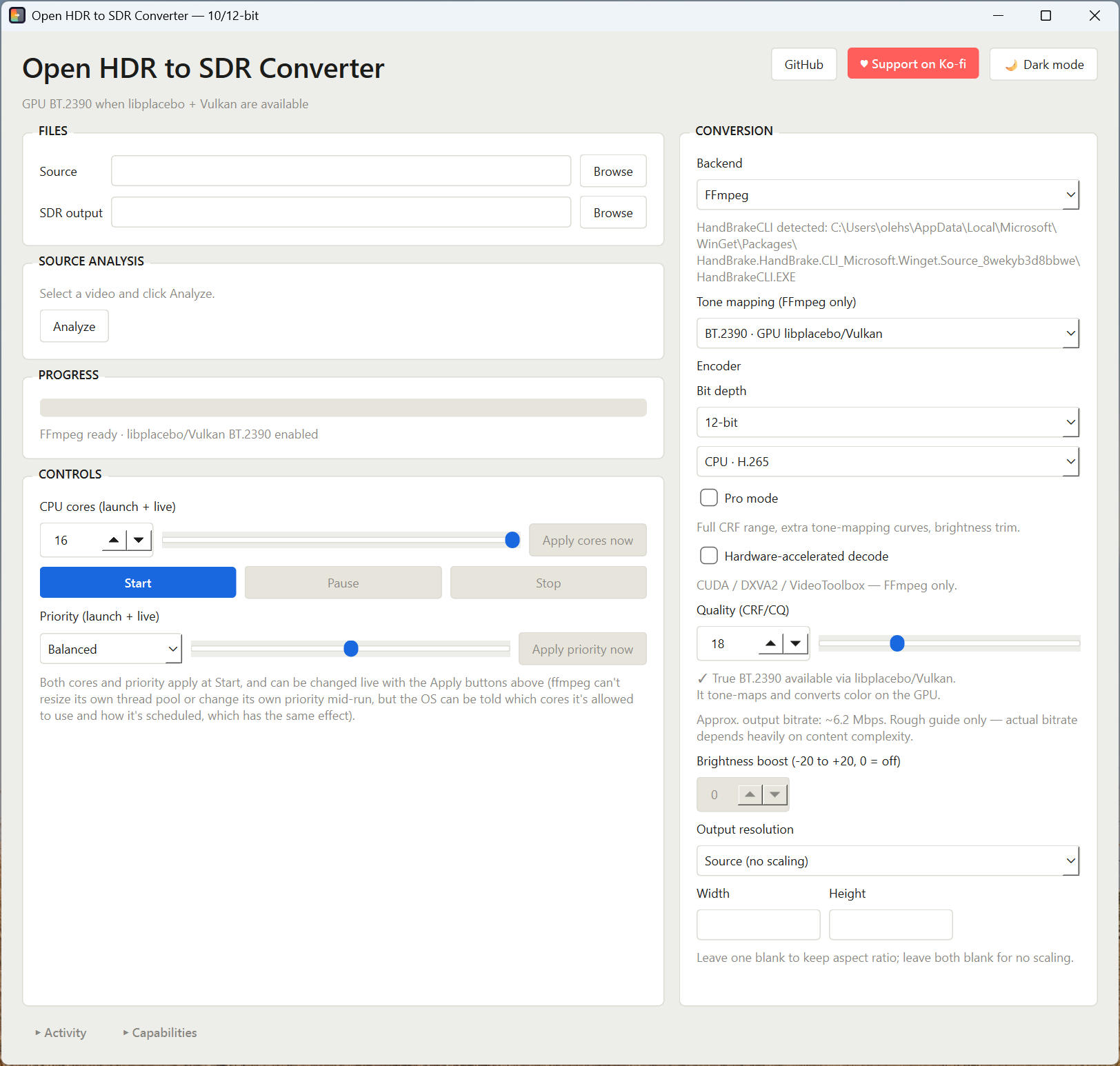 Open HDR to SDR Converter app window, showing Files, Source analysis, Progress and Controls on the left, and Conversion settings on the right.